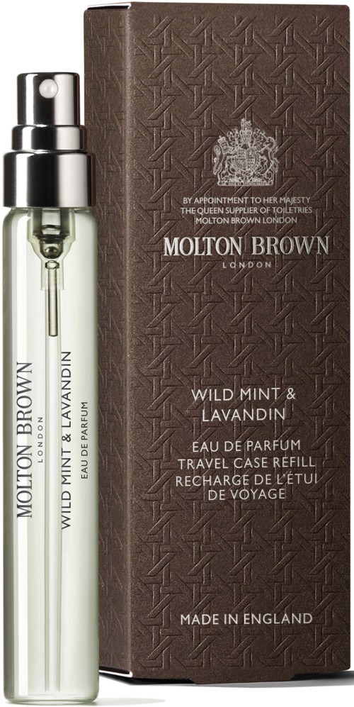 En parfymflaska och box med text, branding Molton Brown, lavendel, vild mynta och resedoftbeskrivning.
