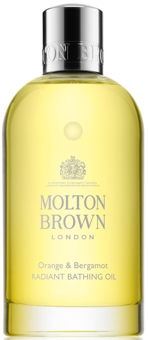 Gul flaska från Molton Brown London doftar av apelsin och bergamot, och är en badolja.