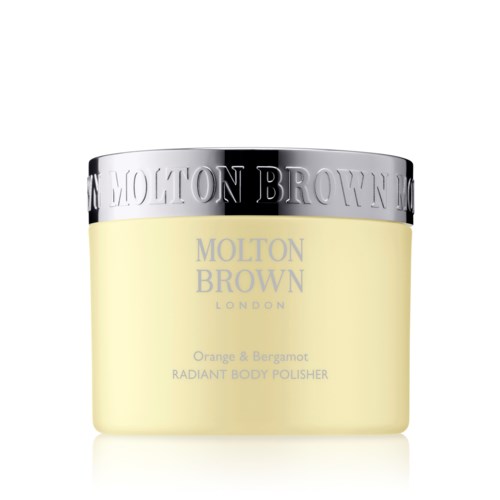 Gult kroppsvårdsglas med silverlock, märkt Molton Brown, London, doft av apelsin och bergamot.