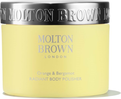 Gul plastburk med silverlock, märkt 'Molton Brown London' och 'Orange & Bergamot Radiant Body Polisher.'