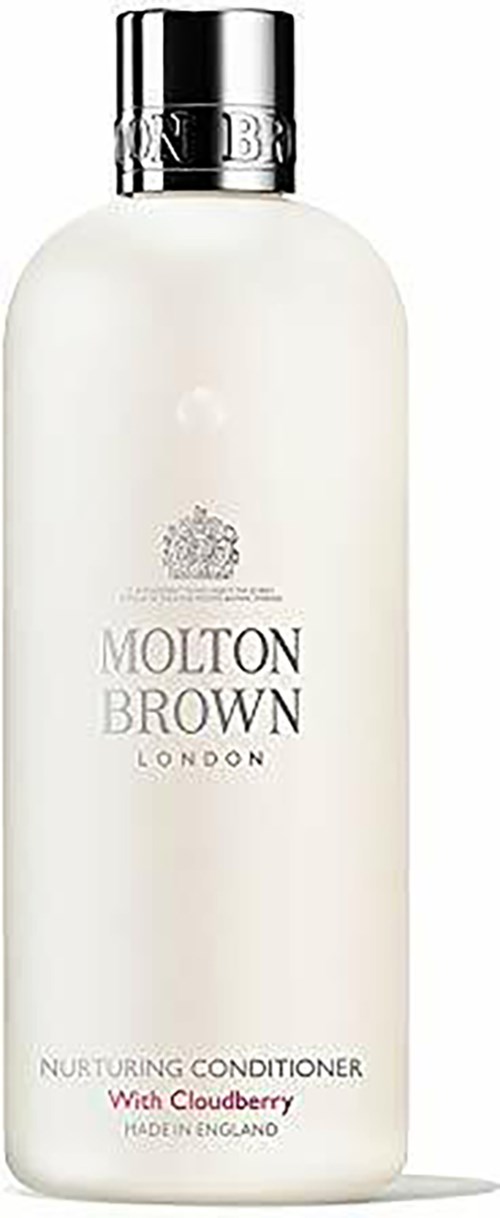En hvit flaske med sølvlokk, merket Molton Brown London nærende balsam med cloudberry.