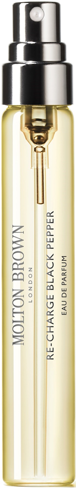 A small glass perfume spray with a black cap and gold spray mechanism, labeled "Molton Brown Re-Charge Black Pepper."