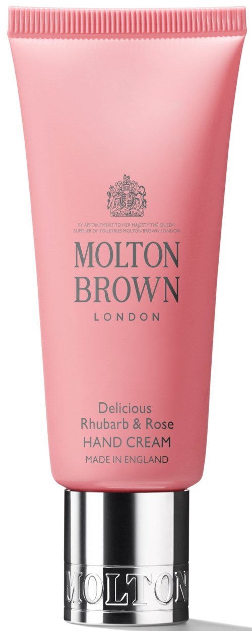 Pink handkrämstubette med silverlock, märkt Molton Brown, London, med smak av rabarber och rosor.