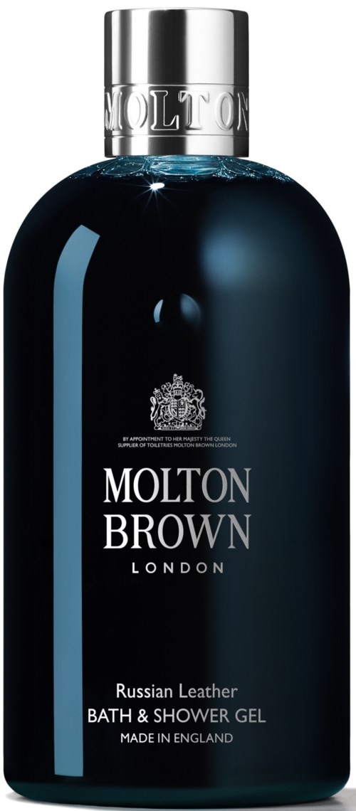 En mörkblå flaska med silverlock, märkt Molton Brown London Russian Leather bad- och duschgel.