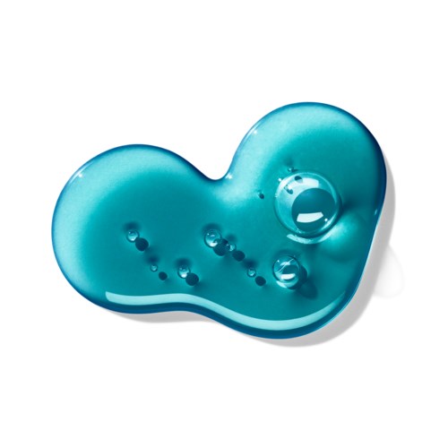Ett blått, njurlikt gelé med små bubblor inuti, ser ut som ett slätt, glänsande föremål.