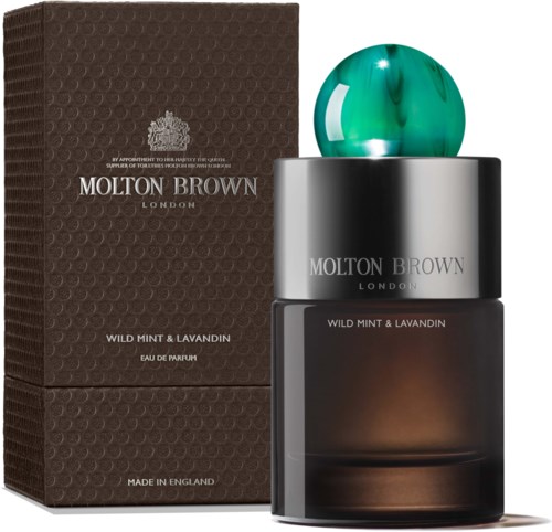 En parfyllåda med ett grönt marmorlock och brun boxetikett Wild Mint & Lavandin av Molton Brown.