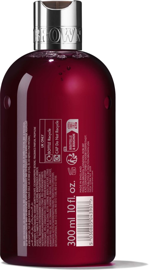 Mørkerød flaske med hårbalsam og sølvhætte, 300 ml, med produktdetaljer på bagsiden.