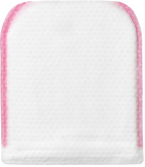 De afbeelding toont een wit vierkant kussen met roze randen en gestructureerd oppervlak.