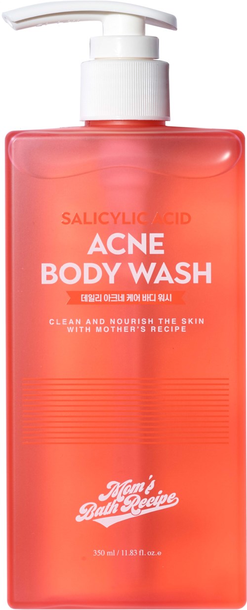 Een roze flesje met acne lichaamswas met pomp, gemarkeerd met ingrediënten en merknaam.
