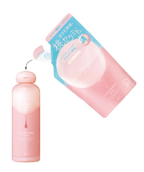 Rosa flaska med påfyllnadsförpackning, båda märkta med japansk text och droppsymbol.