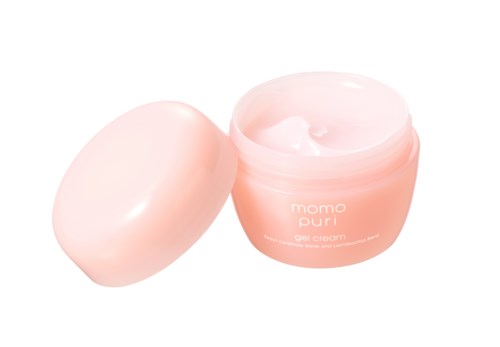 Pink gel cream with a round container and lid, labeled 'momo puri gel cream' for skincare.