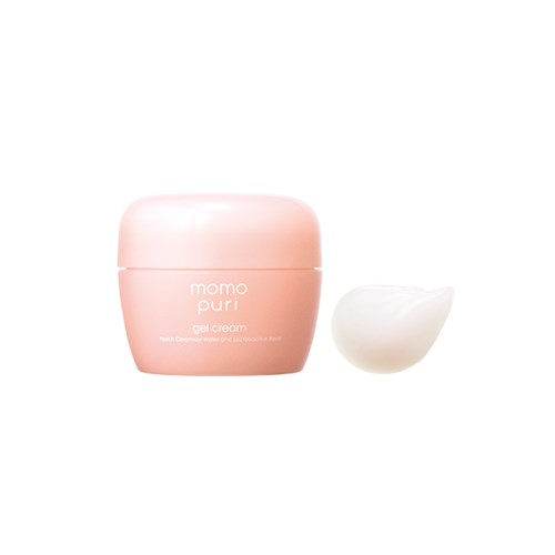 A pink jar with a lid next to a white dollop of gel cream. The jar is labeled 'momo puri' and 'gel cream.'