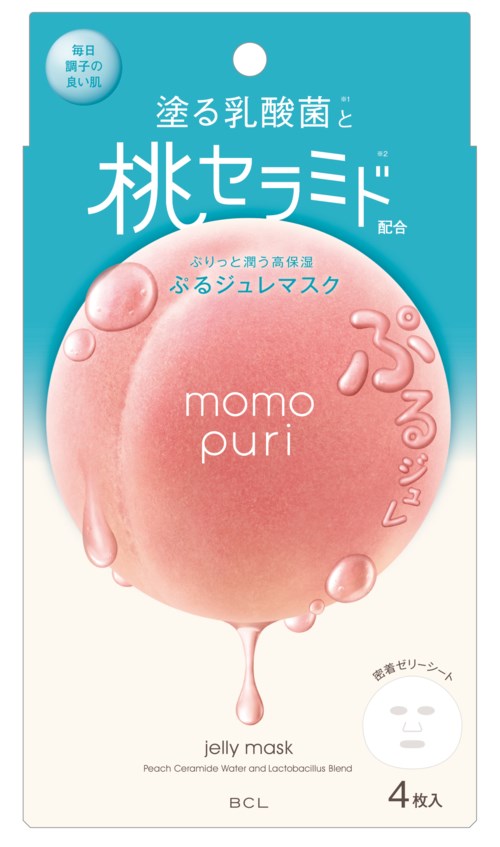 Persikan muotoinen geelimaski pakkaus, sisältää neljä naamaria, japaninkielinen teksti ja pieni kasvokuva.