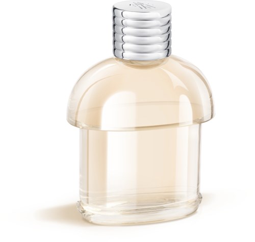 En tydlig glasparfymflaska med en silverrandig kork. Den innehåller en ljusbeige eller genomskinlig vätska.