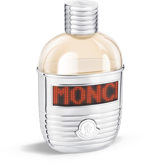 En flaska med digital display som visar 'MONC', liknar en parfym eller colognes flaska med silverlock och bas.