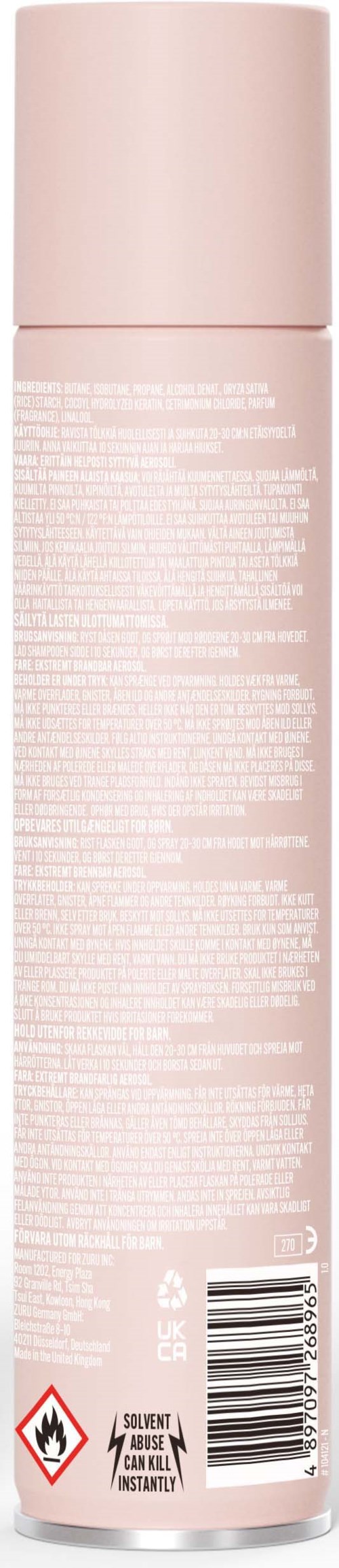 A tall pink aerosol can with detailed text and a warning symbol at the bottom, likely a spray product.