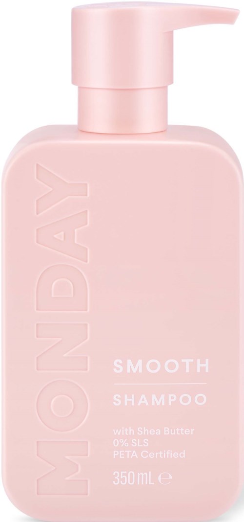 Eine rosa Flasche Shampoo mit Pumpverschluss, beschriftet "MOONDAY SMOOTH".
