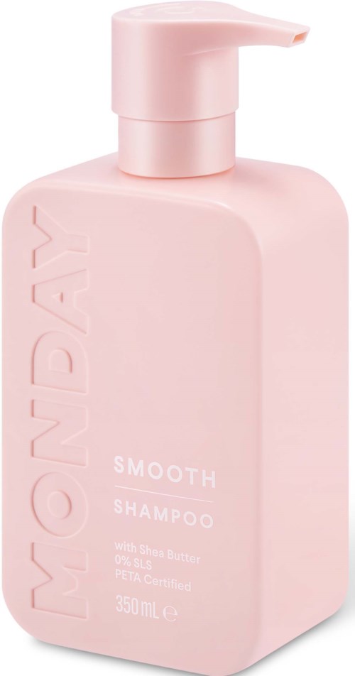 Rosa Flasche mit Pumpe, beschriftet 'Moony' und 'Smooth Shampoo' für Haarpflege.
