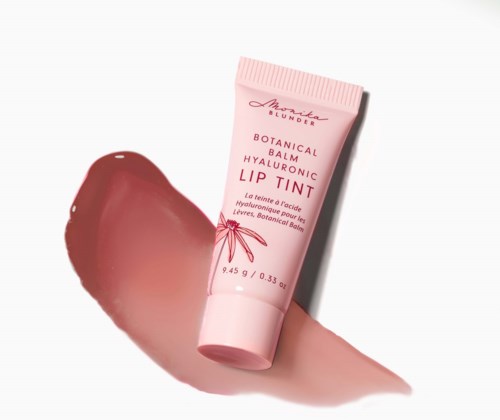 A pink tube of lip balm with a swatch of color next to it. The label says Botanical Balm Hyaluronic Lip Tint.