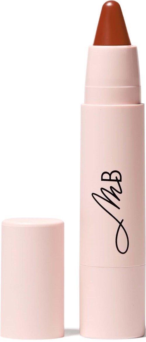 A pink lipstick with a cap removed, showing brownish lipstick inside, on a white background.