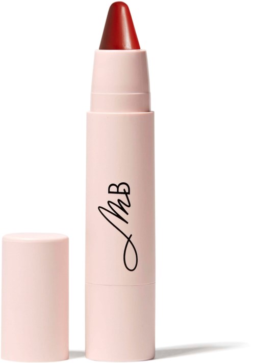 A pink lipstick with the cap removed, showing red lipstick inside, standing upright.