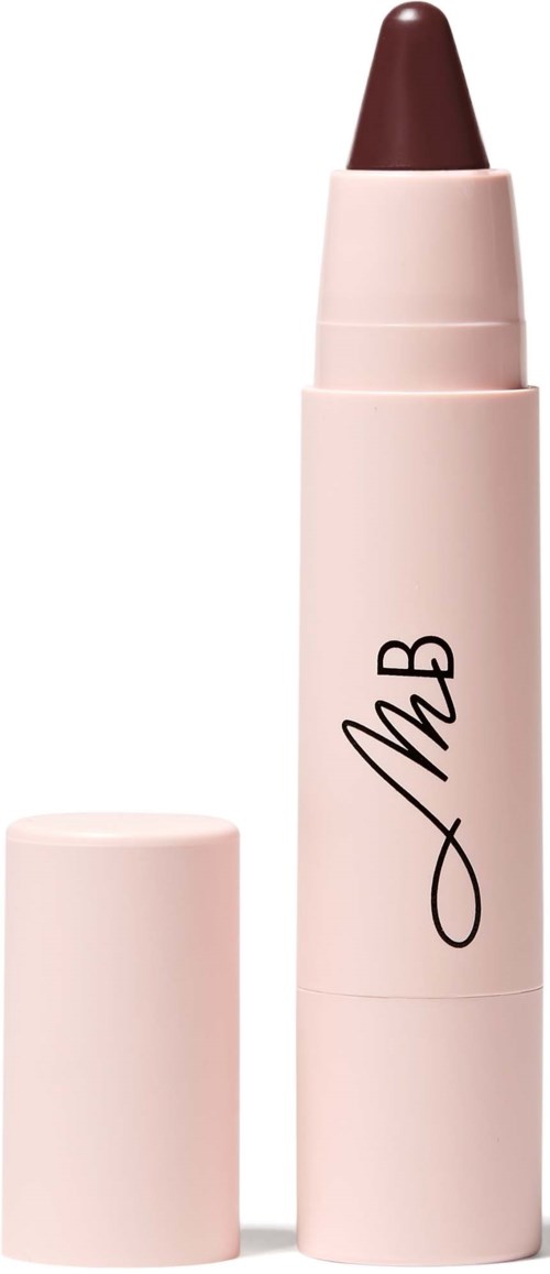 A pink lip balm with a dark brown tip and a cap beside it. The product has a signature-style logo.