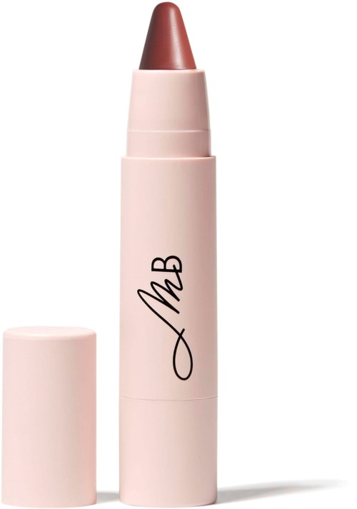 A pink lipstick with a brown tip, with the cap beside it, standing upright.