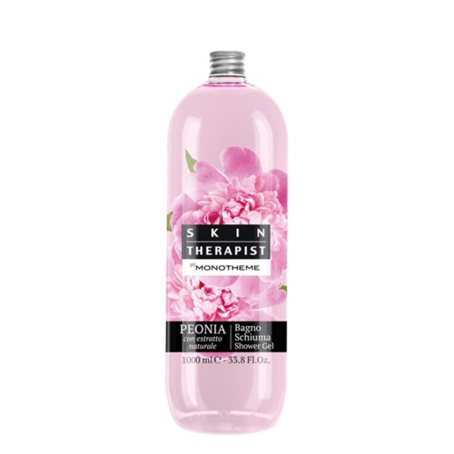 Rosa duschgelflaska med blomsterdesign, märkt som skin therapist, Peonia doft, 1000 ml.