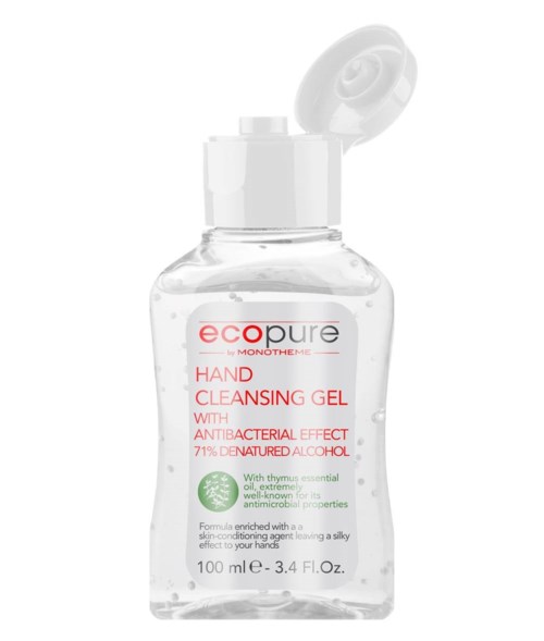 Klart handdesinfektionsmedel i flaska med flip-lock, märkt 'ecopure' och 'Hand Cleansing Gel' med antibakteriella ingredienser.