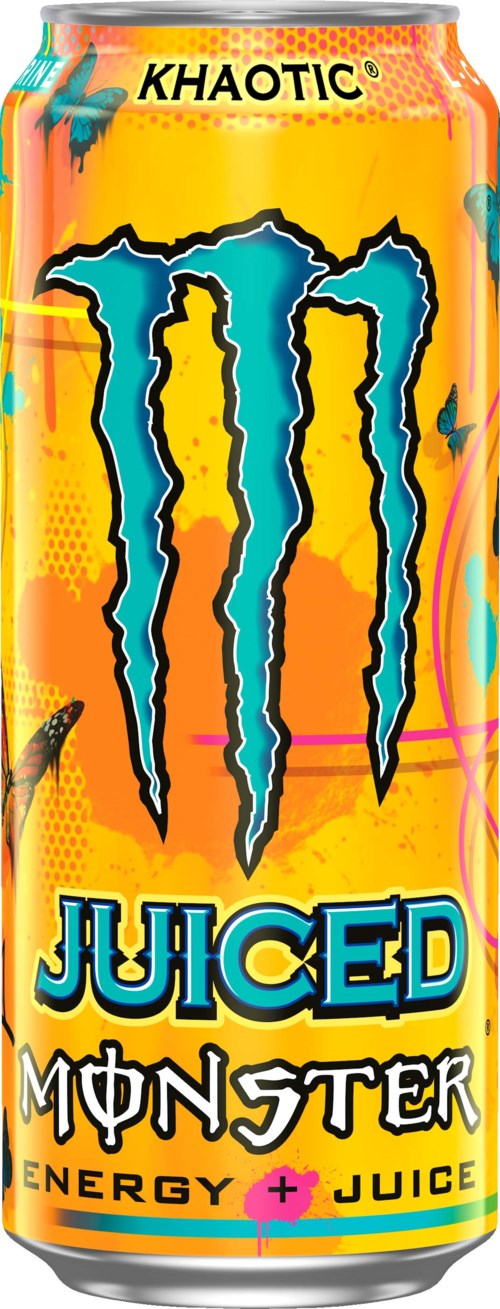 Vaaleankeltainen tölkki, jossa on sininen Monster-logo, nimeltään 'Khaotic Juiced', tarjoaa energiann makuisen ja värikkään ulkoasun.