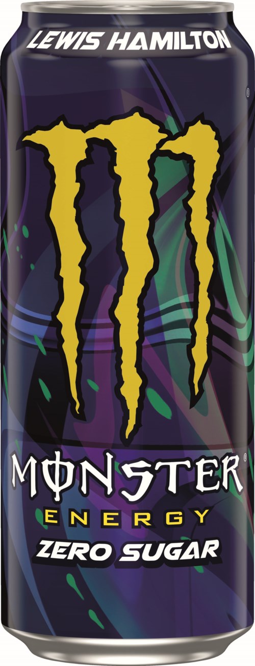Iso Monster Energy Zero Sugar -tölkki, jossa on violetti ja musta muotoilu ja keltainen Monster-logo.