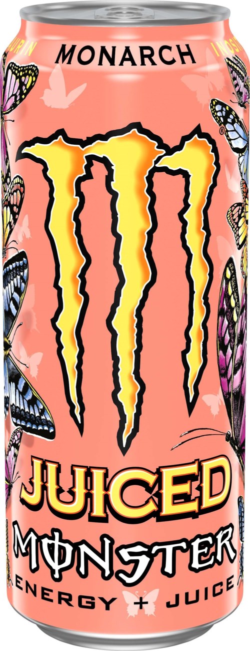 Eine rosa Dose mit 'Monster Juiced' Aufschrift, Schmetterlinge und Monster-Logo, zeigt Energie- und Fruchtgeschmack.
