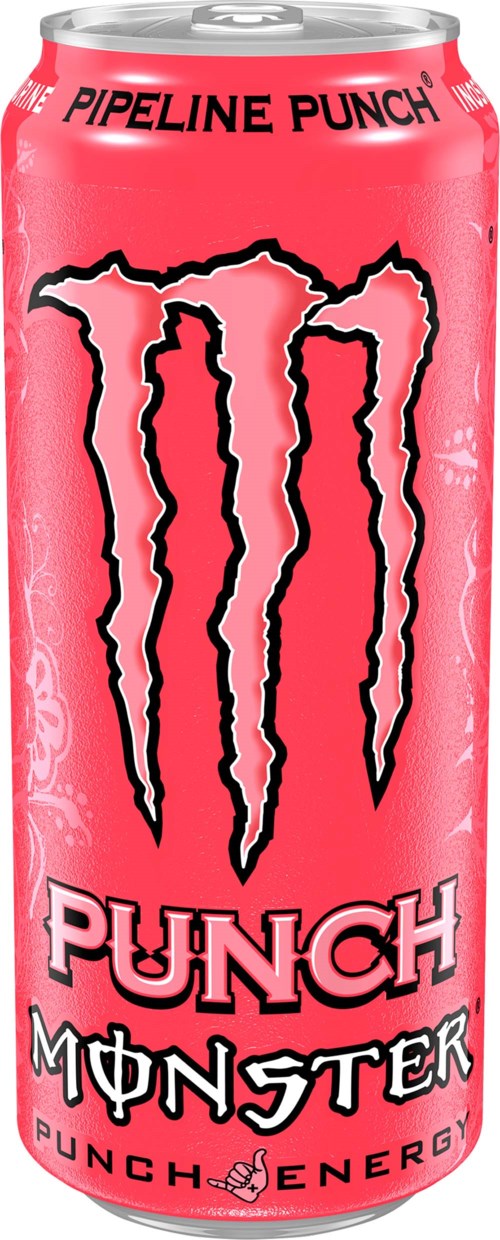 En rosa energidrikke på boks med en svart monsterlogo og tekst som sier "PUMP IT UP PUNCH" og "PUNCH MONSTER."