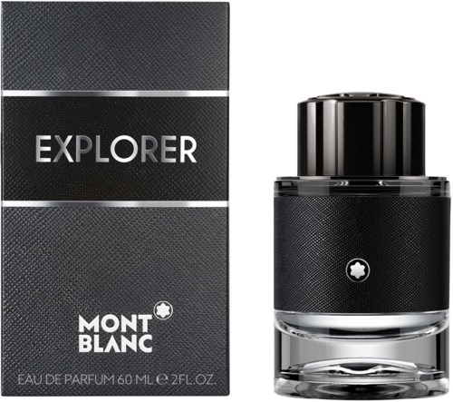 Montblanc Explorer parfymflaska och box, svart och silver design, texturerad yta, slankt form.