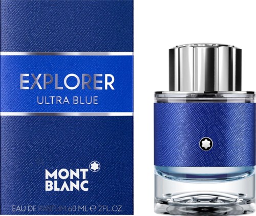 En blå parfymförpackning och flaska med Mont Blanc-logga, märkt Explorer Ultra Blue, 60ml.