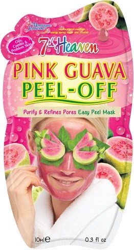 Pink guavapeel-off ansiktsmaske med bilder av guava, en kvinne som bruker masken, og rosa emballasje.