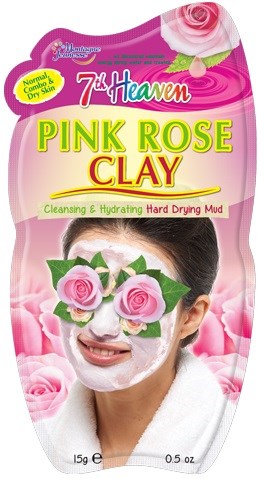 Pink Rose Clay maske for rensing og hydrering, vist på en kvinne med roser på ansiktet.
