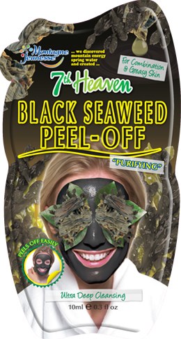En svart tang peel-off maske for huden, med bilder av tang og en smilende kvinne som har på seg masken.