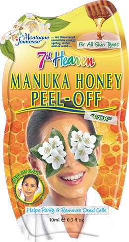 Et fargerikt peelfjes-pakke med en avslappet kvinne, honningkakebakgrunn, blomster og tekst om hudfordeler.