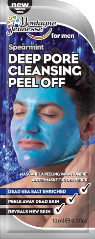 Montagne Jeunesse ansiktsmaske for menn, mynte lukt, dyp rens av porene, peel-off, 10 ml. Fordeler inkluderer Dødehavssalt, peeling, avslører ny hud.