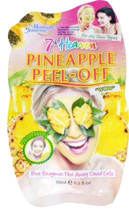 Et lyst og fargerikt peel-off maske-emballasje med en kvinne som smiler og ananas som viser ingredienser.