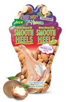 Ett färgglatt förpackningsomslag för fotvårdsprodukt med ord som "Smooth Heels" och illustrationer av nötter och en fot.