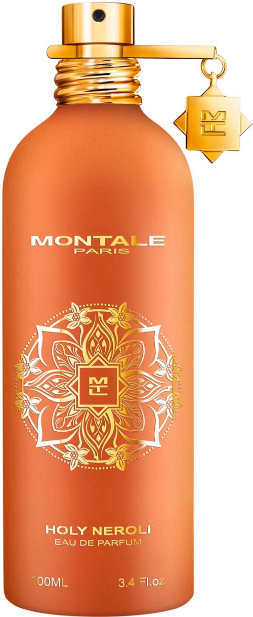 A pink perfume bottle with gold cap and tag, branded "MONTale PARIS", featuring a decorative white and gold design.