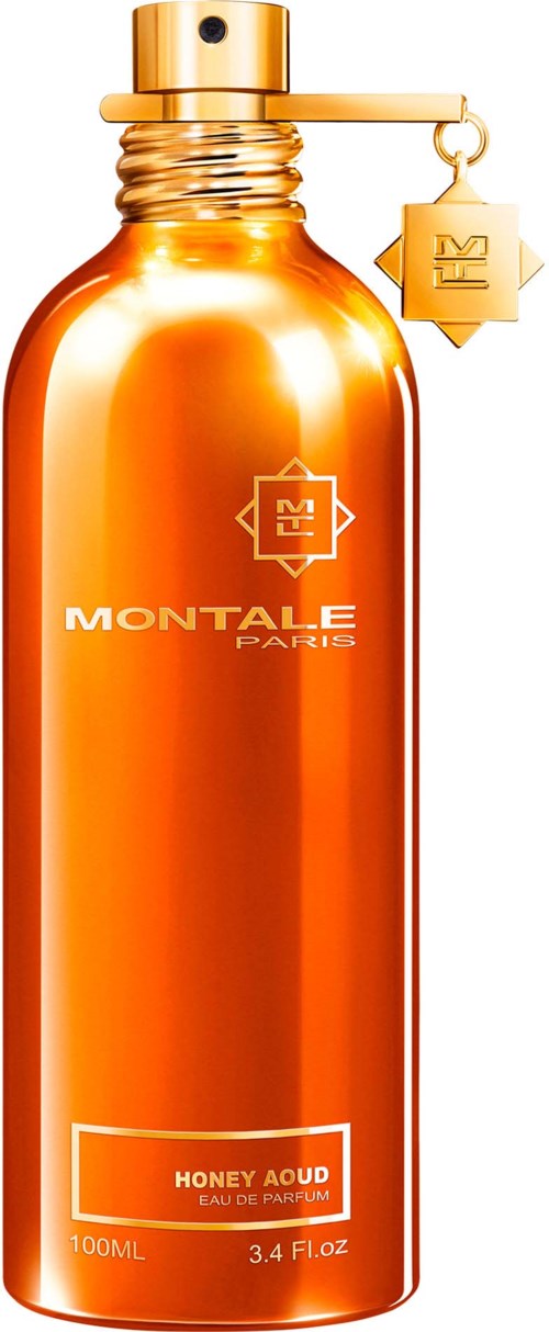 Eine glänzende goldene Parfümflasche mit Montale-Logo, beschriftet 'Honey Aoud,' mit Zerstäuber und Anhänger.