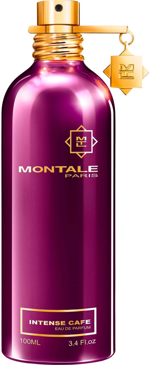 En lång, glänsande lila parfyllflaska med guldkork och tag, märkt Monale Paris Intense Cafe.