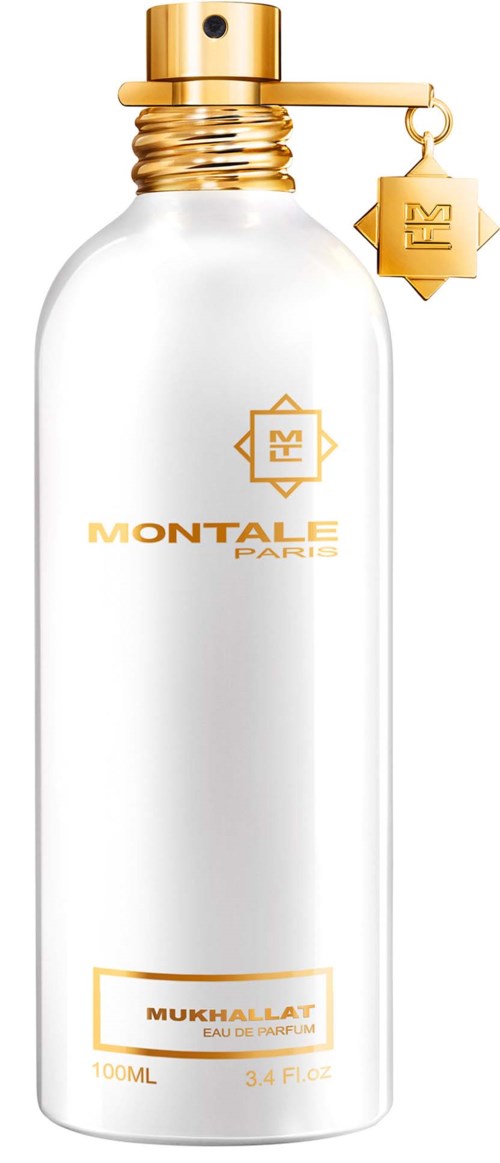 Eine weiße Parfümflasche mit Goldakzenten, einem Anhänger und dem Markennamen MONTale PARIS.