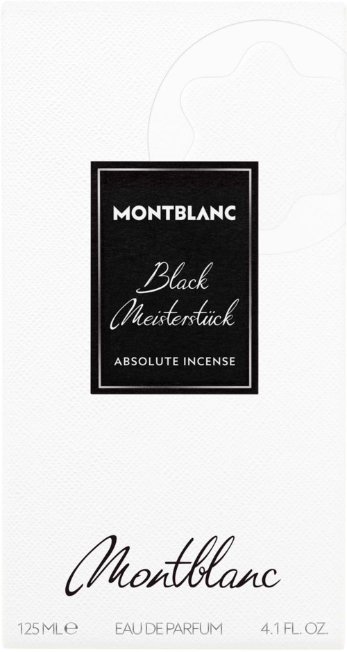 Tämä on valkoinen laatikko, jossa on musta tarra nimeltä Montblanc ja tuotenimi Black Meisterstuck, hajuvesi.
