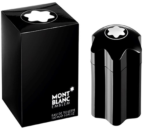 Montblanc Emblem parfymflaska och box, svart och silver design, elegant och lyxig.