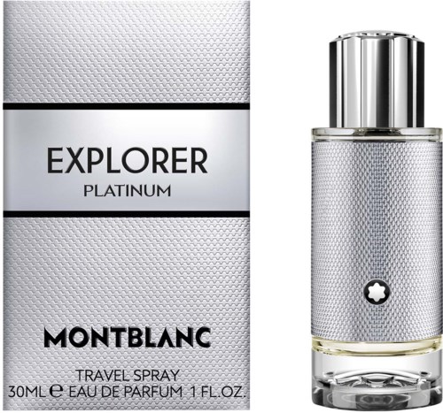 Montblanc Explorer Platinum Reisespray in einer eleganten silbernen Flasche mit strukturierter Oberfläche und glänzender Kappe.