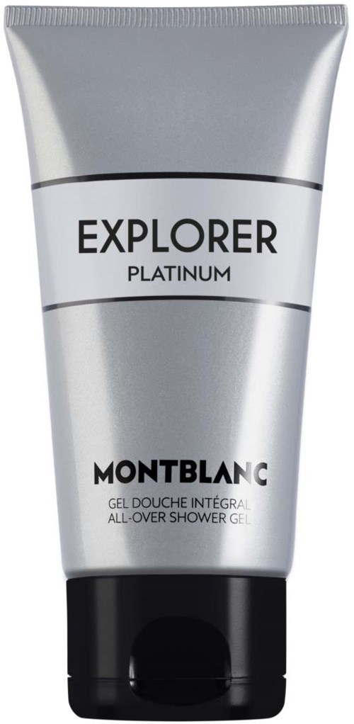 En silverfärgad tub med Montblanc Explorer Platinum duschgell och svart lock.